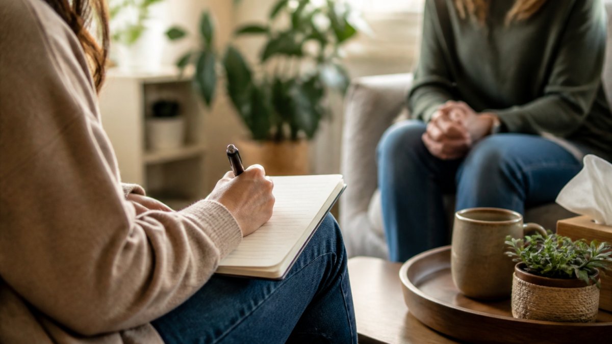 Licensed therapist conducting initial consultation with client in warm, comfortable therapy office with soft natural lighting and welcoming furniture