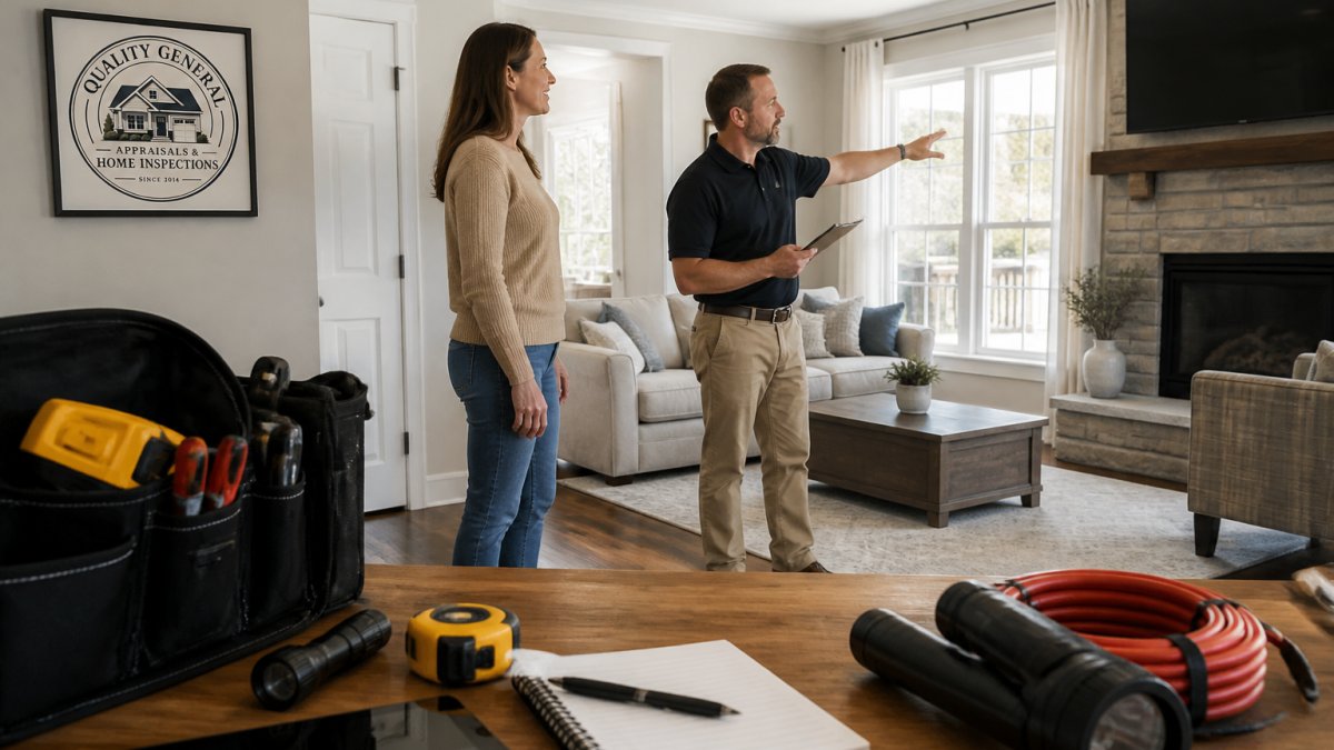 Homeowner walking professional appraiser through a bright, well-organized living room with clear sightlines to windows and maintained furnishings