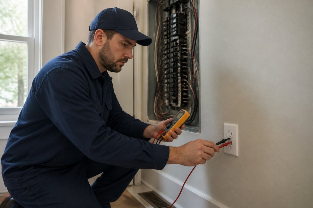 Licensed electrician in professional attire using a multimeter to test an electrical outlet in a residential home, with visible wiring and circuit breaker panel in the background