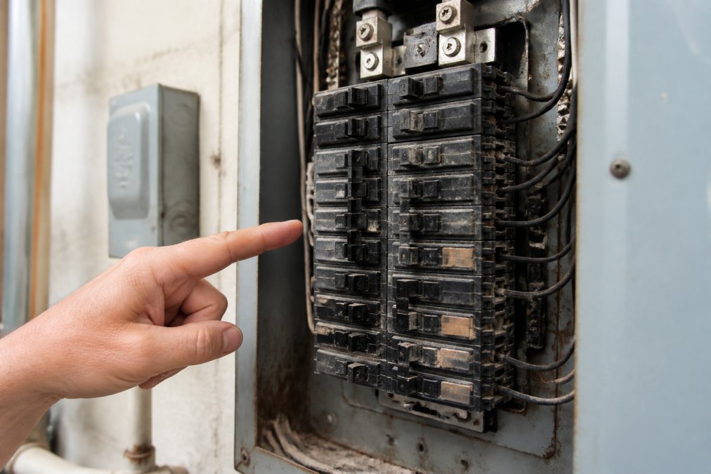 Close-up view of an older residential electrical panel showing circuit breakers and wear, with an electrician's hand pointing to potential issues