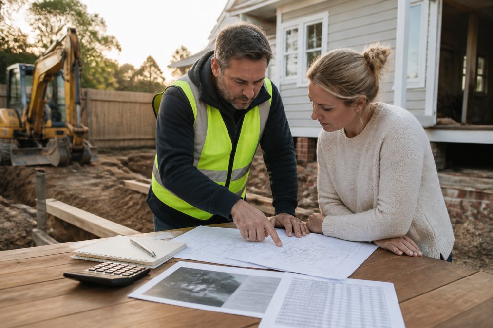 Builder and homeowner reviewing site reports detailing the cost of home extensions in Melbourne 2026 process.
