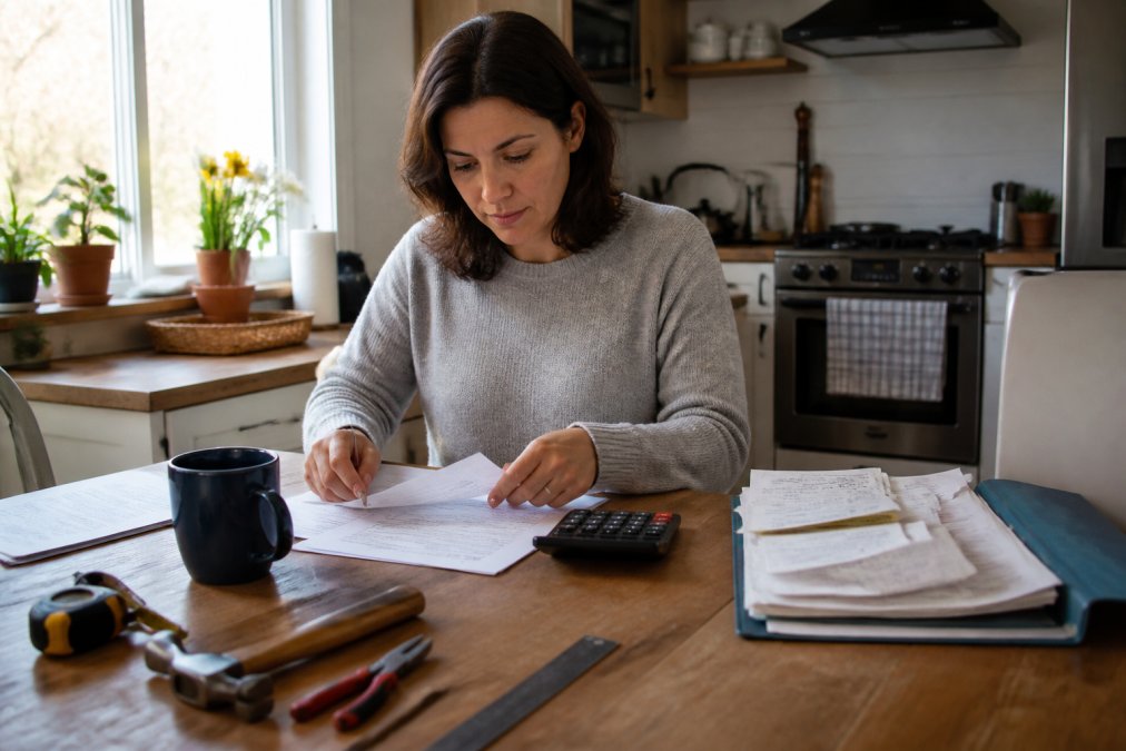 A homeowner reviewing a monthly budget spreadsheet at a kitchen table with a calculator, a folder of maintenance receipts, and a coffee mug, warm morning light through the window