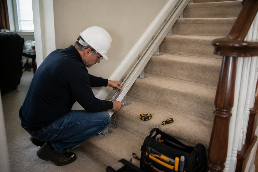 Professional technician installing a stairlift rail on a residential staircase, wearing safety equipment, with tools and measuring devices visible on the steps
