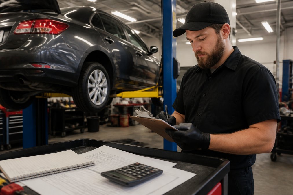 Technician reviewing a Honda transmission fluid change estimate on a clipboard by a vehicle on a lift