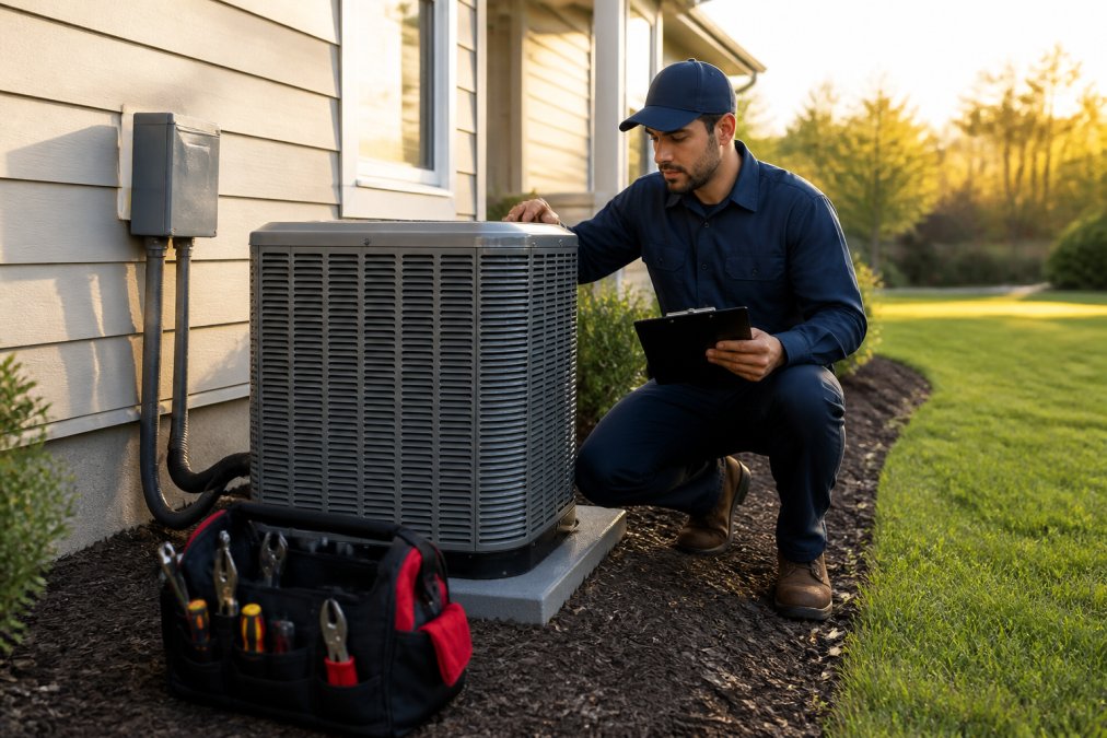 A uniformed HVAC technician inspecting a new outdoor condenser unit beside a suburban house, clipboard in hand, tools on the ground, late afternoon light