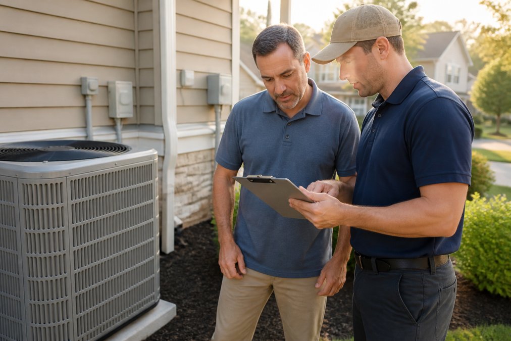 Homeowner and HVAC technician reviewing a written estimate on a clipboard beside a newly installed outdoor condenser unit outside a suburban house, late afternoon light