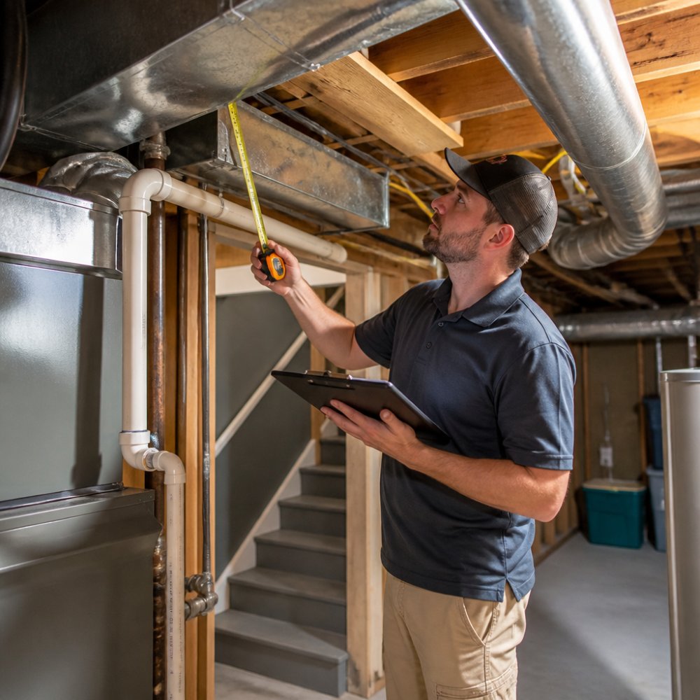 Licensed HVAC technician measuring residential ductwork to determine costs for an hvac system replacement.