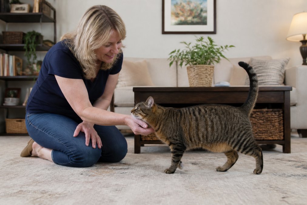 Professional pet sitter kneeling down to interact with a tabby cat in a home living room, with the cat approaching her hand showing trust and comfort in a familiar home environment