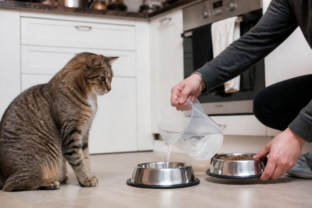 Pet sitter's hands refilling a cat's water bowl and preparing fresh food in a kitchen, with a cat nearby, demonstrating the daily care tasks included in a visit