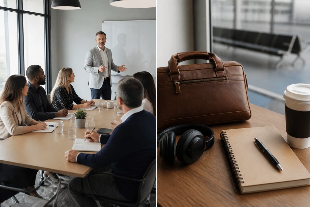 Group of managers sitting in a modern conference room during an in-house training session, with a facilitator engaging the group at a whiteboard, natural light from windows, participants actively taking notes and discussing