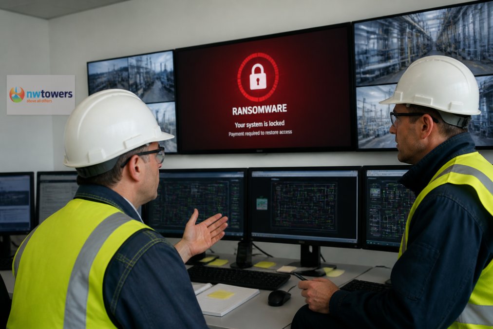 An industrial control room with a large monitor displaying a ransomware warning message, while two engineers in safety gear discuss the situation in the foreground