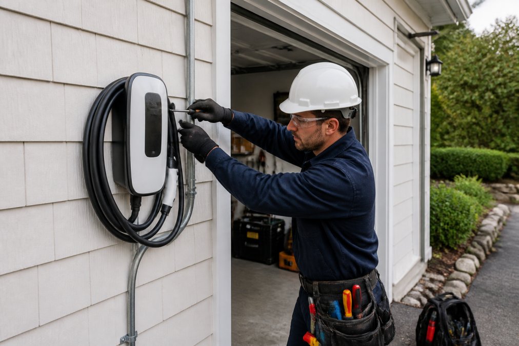 A licensed electrician in safety gear installing a Level 2 EV charging station on the exterior wall of a residential garage, with tools and conduit visible
