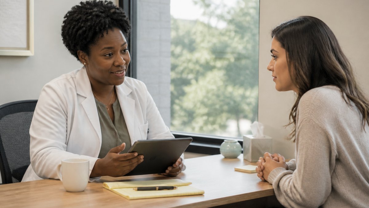 A psychiatric nurse practitioner seated across from a patient at a bright clinic desk, reviewing a treatment plan on a tablet, soft window light, calm and supportive atmosphere