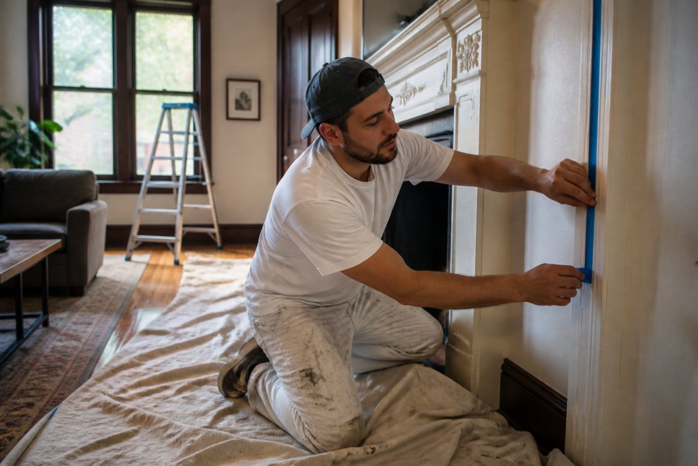 A professional painter in a vintage Chicago greystone living room carefully taping trim, drop cloths spread across hardwood floors, natural window light