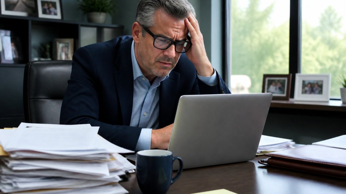 Financial advisor reviewing lead data on computer screen with frustrated expression, surrounded by papers and coffee cup in modern office