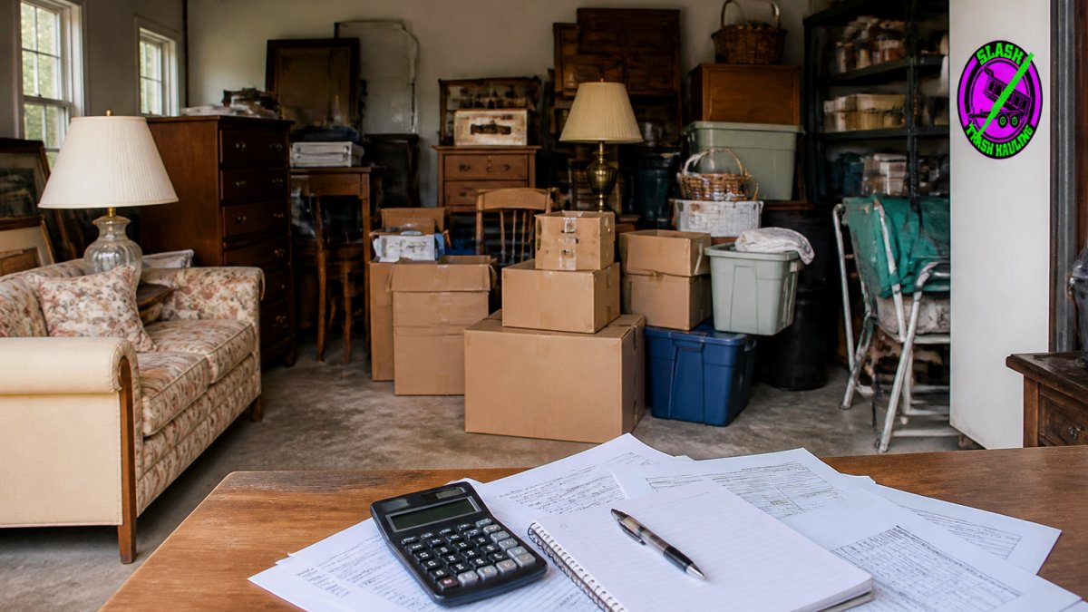 A residential garage filled with mixed items including old furniture, cardboard boxes, vintage lamps, and household goods stacked and waiting for removal