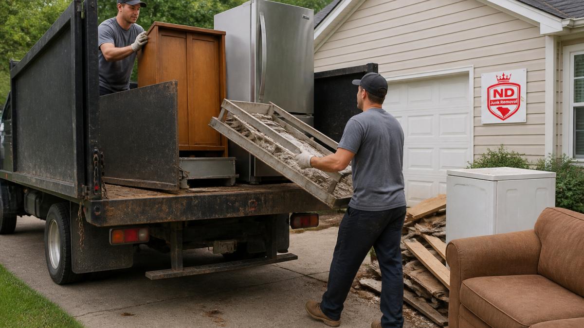 Professional junk removal team loading old appliances, wooden furniture, and metal construction materials into a large truck bed on a residential driveway