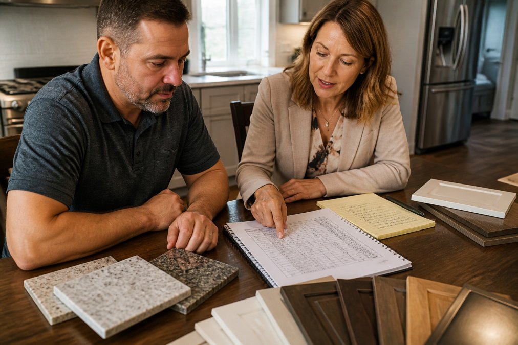 Homeowner and designer reviewing a cost of kitchen remodel 2026 budget spreadsheet with material samples