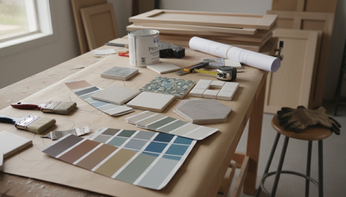 A homeowner and a general contractor reviewing material samples and blueprints together on a kitchen countertop, with paint swatches, tile samples, and cabinet door samples spread out under warm overhead lighting in a partially renovated Connecticut kitchen