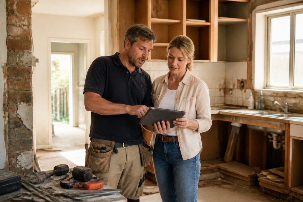 A builder and a homeowner standing in a partially demolished kitchen, reviewing plans on a tablet, with exposed cabinetry and tools visible in a bright Australian home