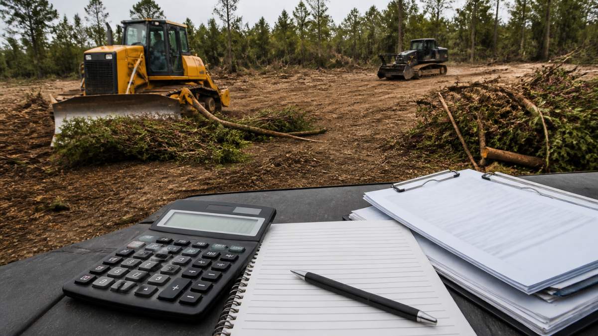 A bulldozer pushing cleared brush and small trees on a residential lot, with a forestry mulcher working in the background and a pile of cut vegetation nearby