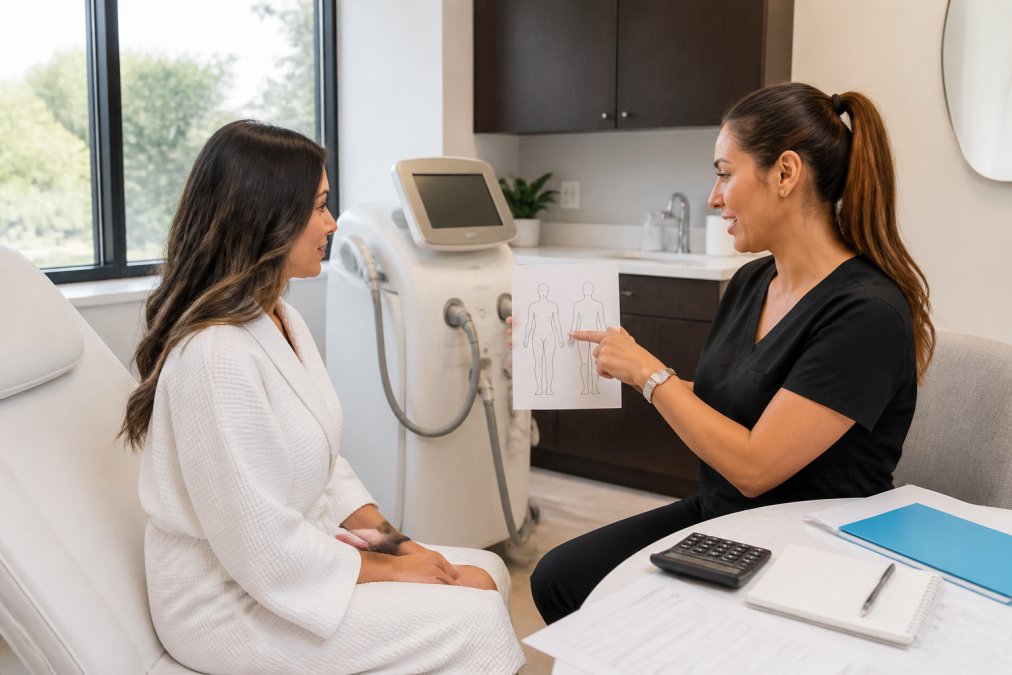 A medical spa consultation room with a laser hair removal device beside a treatment chair, a practitioner in scrubs pointing to a body diagram while a seated client in a robe listens, soft natural window light
