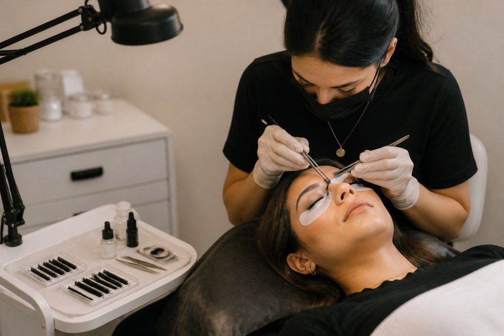 A professional lash artist in a clean, well-lit studio carefully applying volume lash extensions to a relaxed client lying on a treatment bed, with lash trays and tweezers visible on a nearby tray