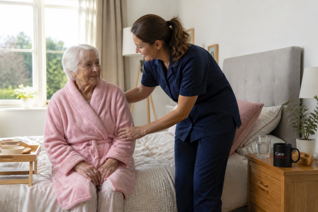 Professional carer assisting an older adult with morning routine in a bright, comfortable home setting, showing attentive support and dignity