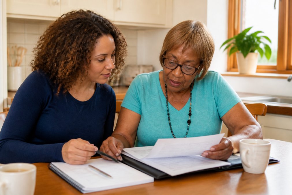 Adult child and older parent discussing care planning documents together at a kitchen table with notes and care information, showing collaborative decision-making
