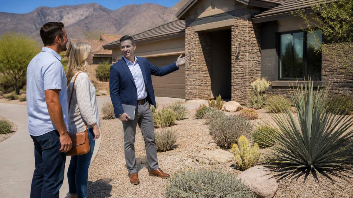 A real estate agent showing a couple a modern single-family home in a sunny Arizona suburb, with desert landscaping and mountains in the background