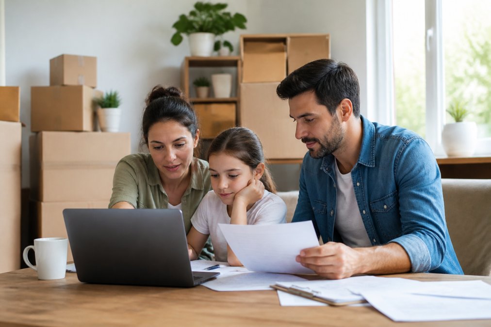 A family reviews their budget spreadsheet while moving to Allen, Texas to manage the cost of living in Allen.