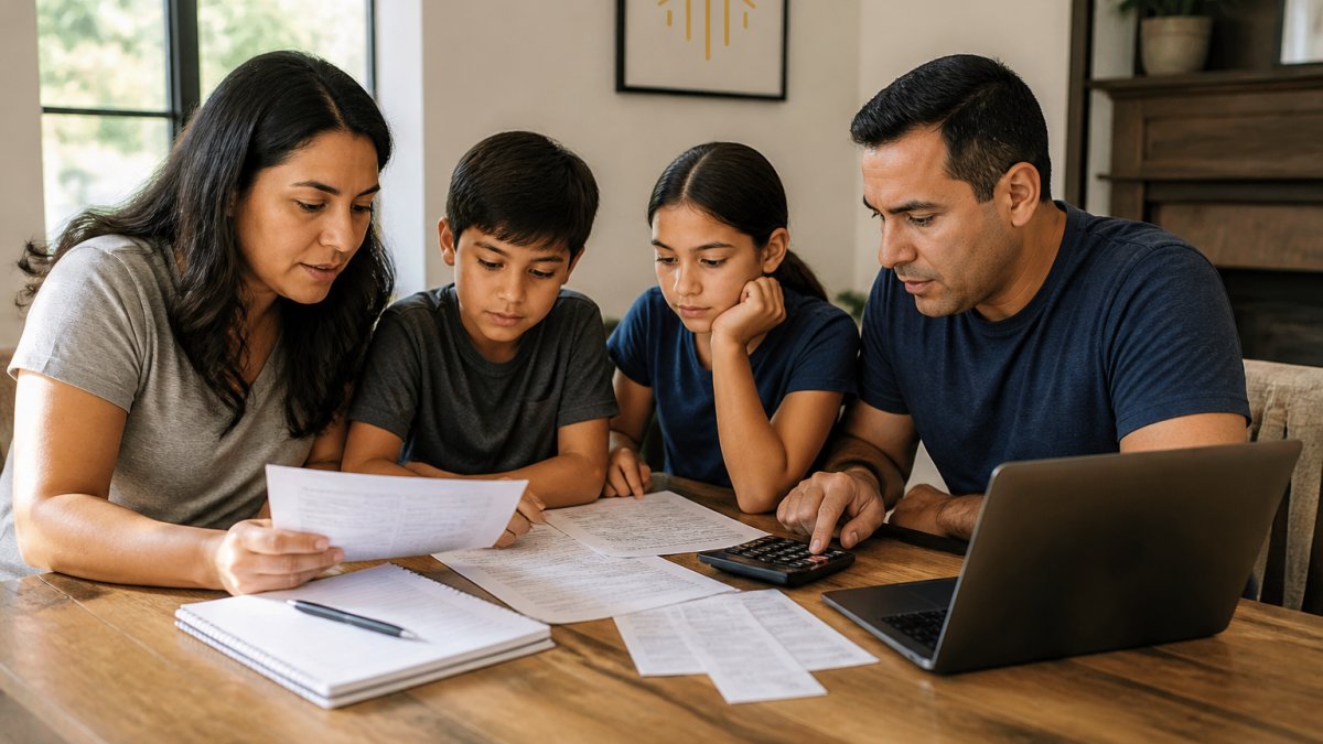Family of four sitting at dining table reviewing bills and budget spreadsheet together, with laptop and calculator visible on table, natural window lighting