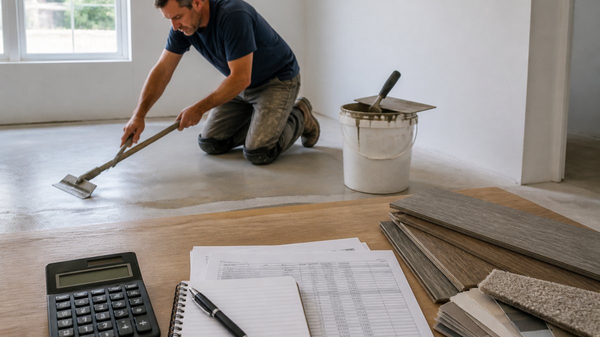 A flooring contractor in knee pads and work clothes using a long-handled floor scraper to level a concrete subfloor in an empty room, with a self-leveling compound bucket and trowel nearby and natural light coming through a window