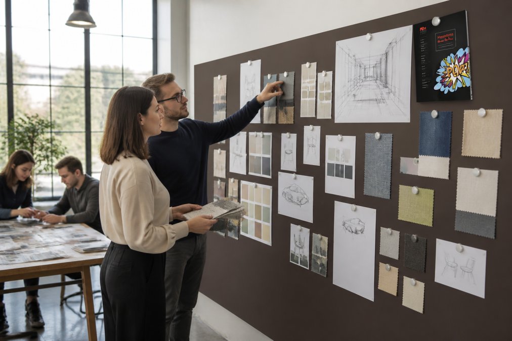 A creative studio workspace with designers collaborating at a large magnetic wall displaying colour swatches, design sketches, and inspiration boards held by magnets, with natural daylight streaming through large windows
