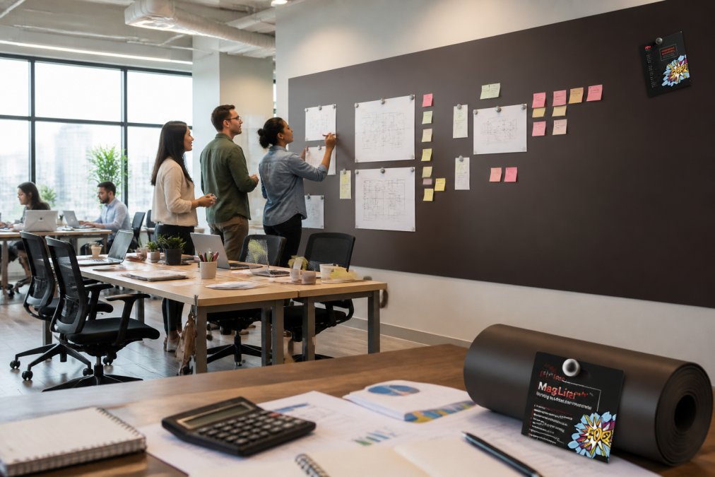 A modern open-plan corporate office with employees collaborating at a large magnetic wall panel displaying project plans, team notes, and colour-coded task cards held by magnets, with natural light and contemporary furniture visible