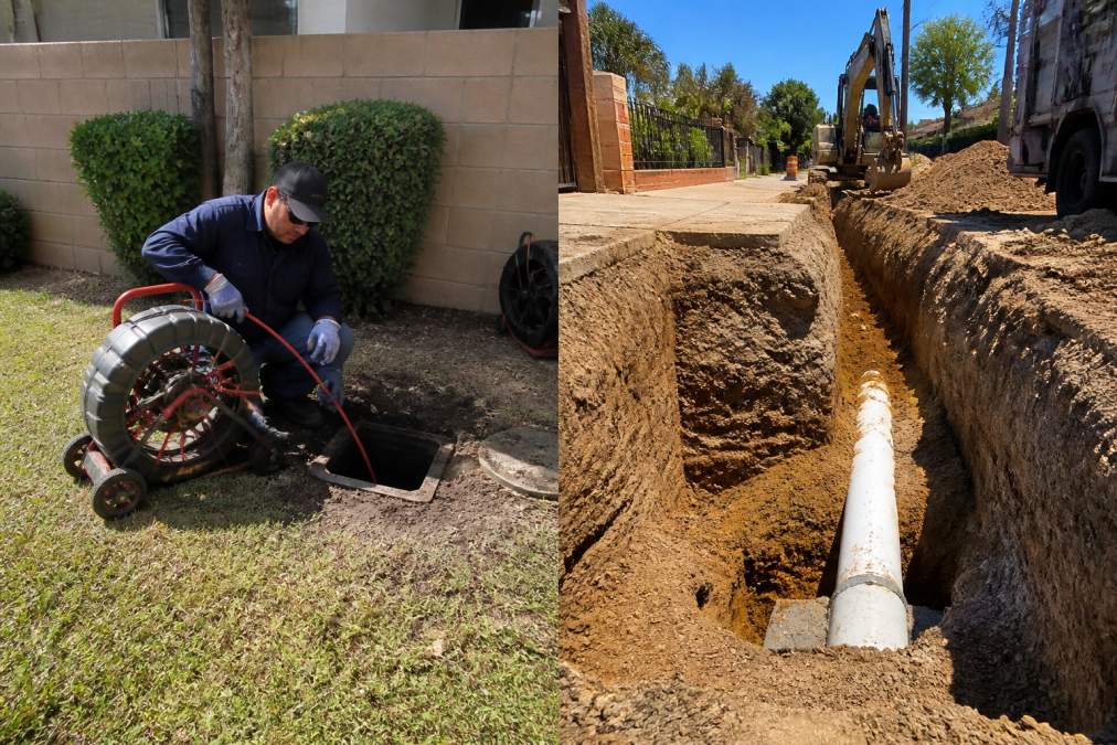 A plumbing technician in safety gear operating trenchless sewer repair equipment in a residential backyard, with minimal ground disturbance visible and a small access pit