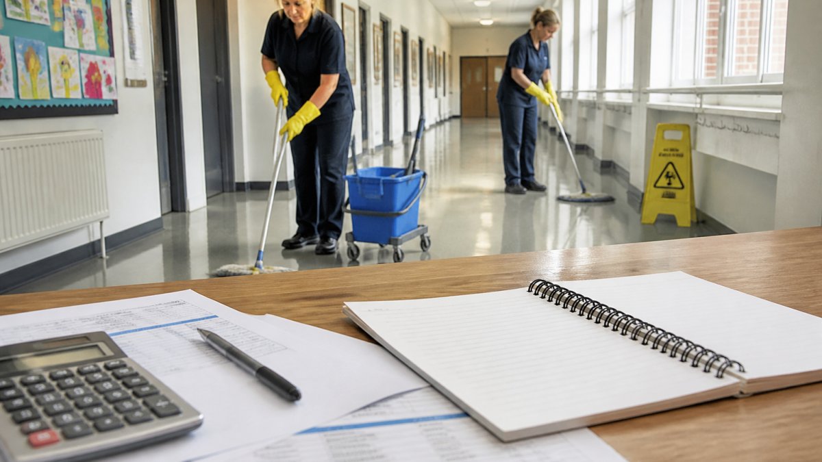 Professional cleaners working in a school hallway with mops and cleaning equipment, disinfecting surfaces while the corridor is empty, natural daylight from windows