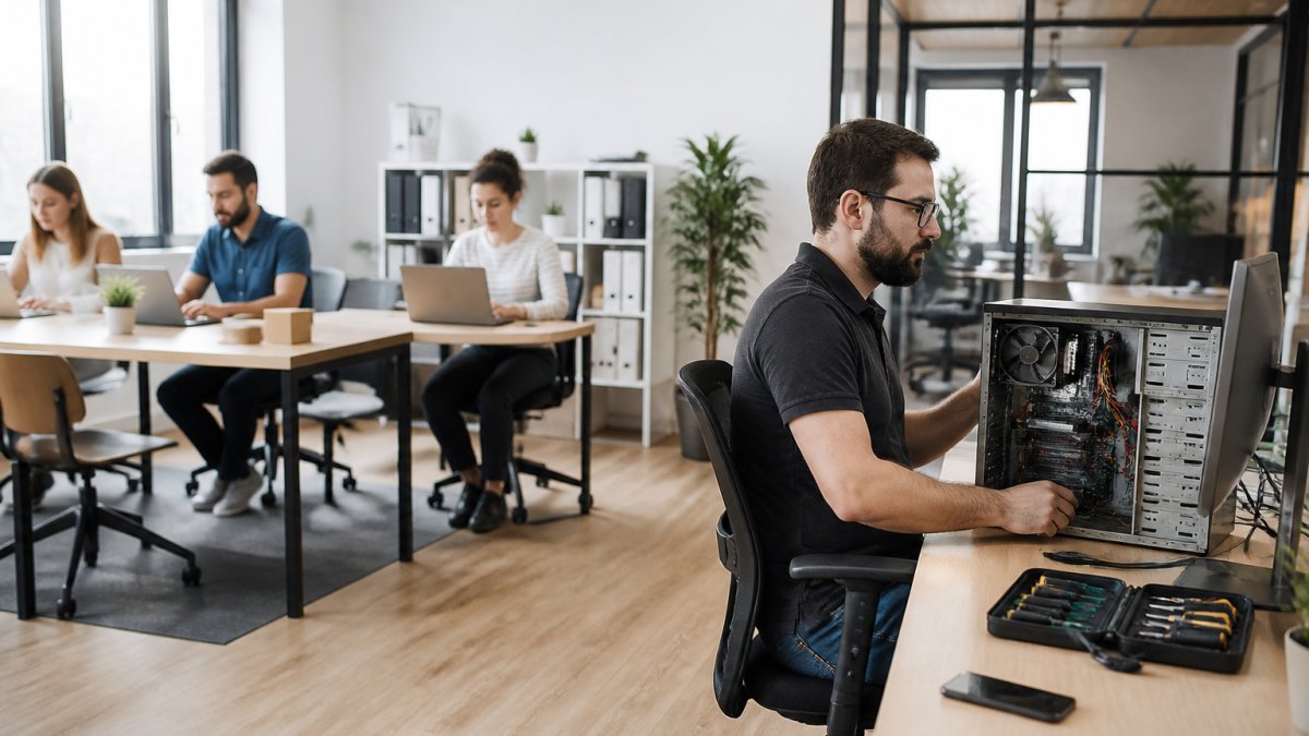 IT team troubleshooting at a workstation in a modern office, highlighting the cost of managed IT services for startups.