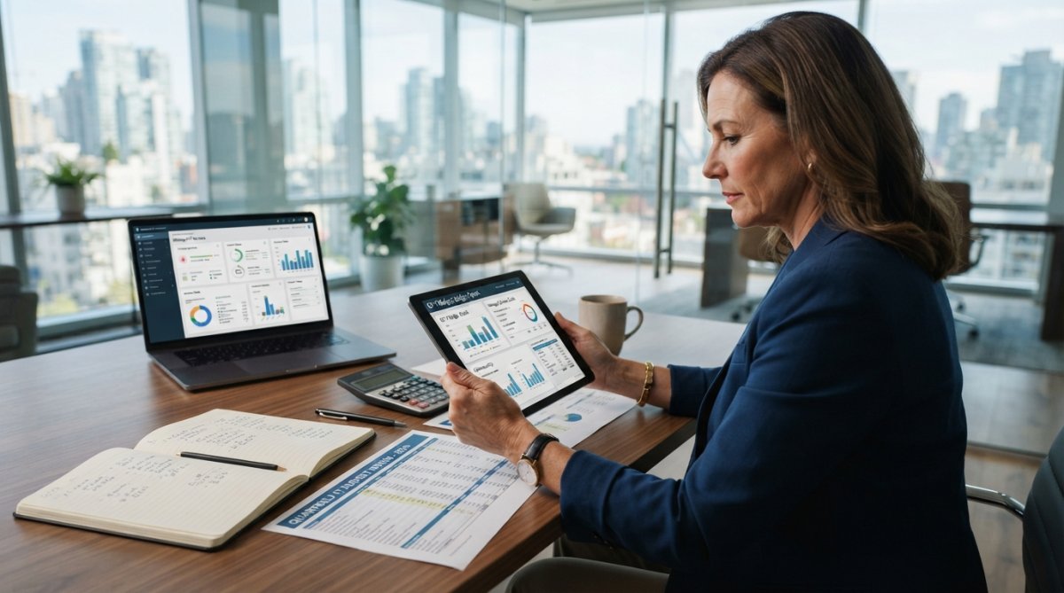 Cost of Managed IT Services in 2026: Complete Pricing Guide 1 A CFO reviewing a quarterly IT budget report on a tablet in a modern glass-walled office, with a laptop displaying a service dashboard in the background