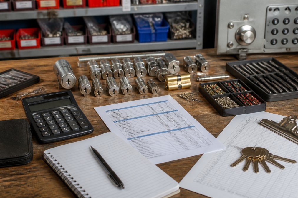 Locksmith workbench with master key system components including cylinders, key blanks, pin stacks, and bitting tools, with a cost estimate sheet visible, professional workshop lighting