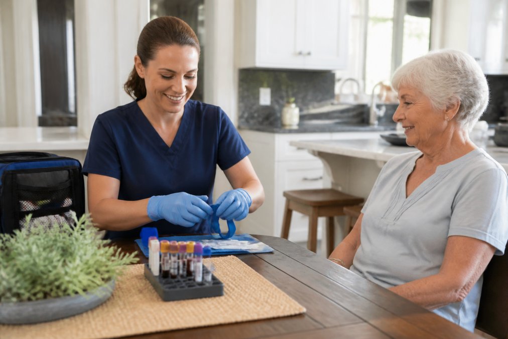 A professional phlebotomist in navy scrubs preparing a tourniquet and collection tubes at a clean kitchen table in a bright, modern home, with a friendly senior patient seated nearby