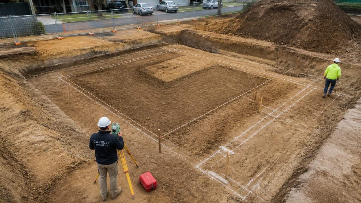 Aerial view of construction site showing excavated foundation with soil preparation, surveying equipment, and site layout marking in progress