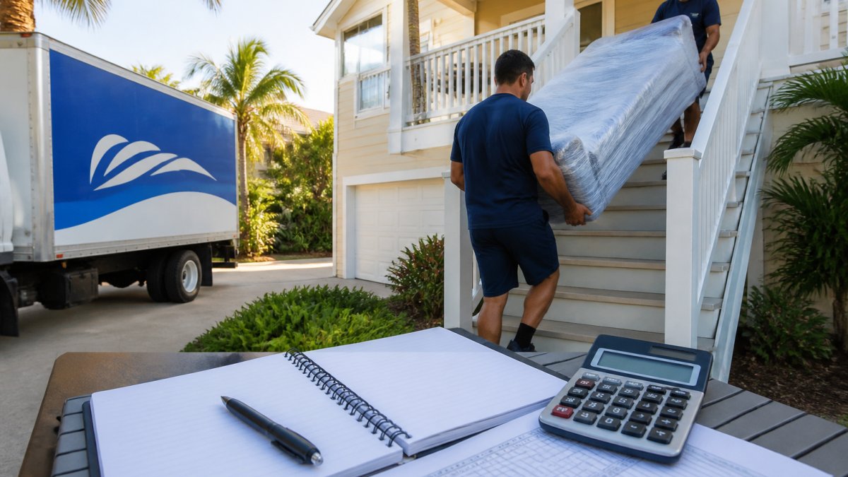 A professional moving crew in matching uniforms carefully carrying a wrapped sofa down the exterior stairs of a two-story Sarasota home, with a branded moving truck parked in the driveway