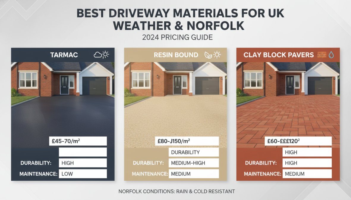 Three finished residential driveways photographed side by side on a Norfolk street, showing a dark tarmac surface, a light-coloured resin bound finish, and a clay block paver driveway, with brick-fronted homes visible in soft morning light