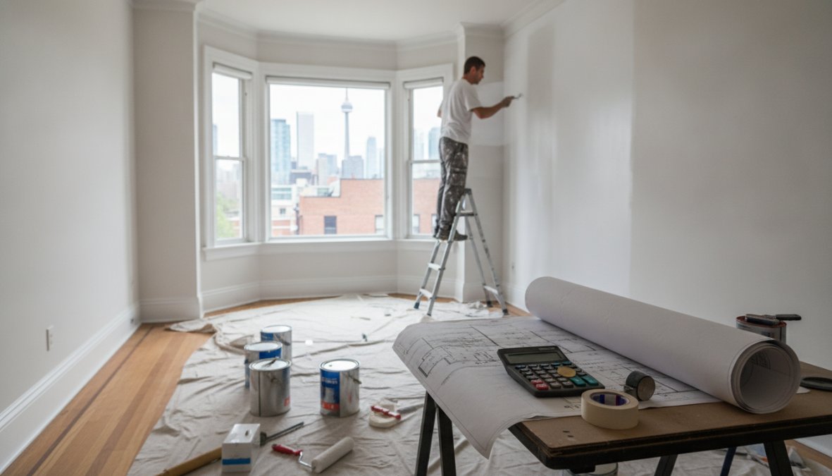 A professional painter in clean white work clothes applying a smooth coat of white paint to a living room wall in a bright Toronto home, with blue painter's tape pressed along the baseboards and window trim, afternoon light streaming through a large window