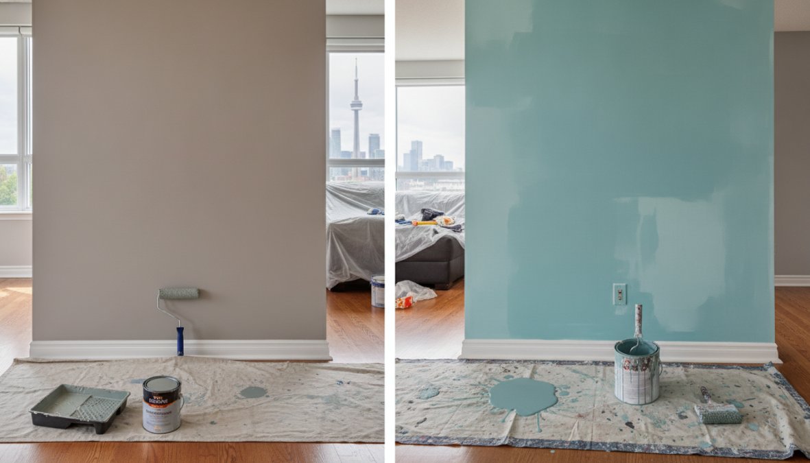 A homeowner in casual clothes struggling with an overloaded paint roller, visible drips running down a beige wall in a Toronto living room, contrasted with a uniformed professional painter in the same style room achieving a smooth, clean finish with a spray system