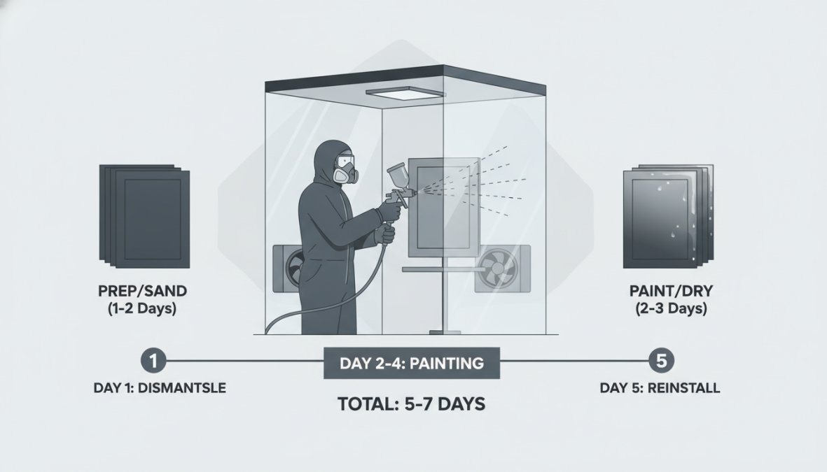 Professional painter in protective gear and respirator spray-painting cabinet doors in a white containment booth, with spray equipment visible and proper ventilation setup