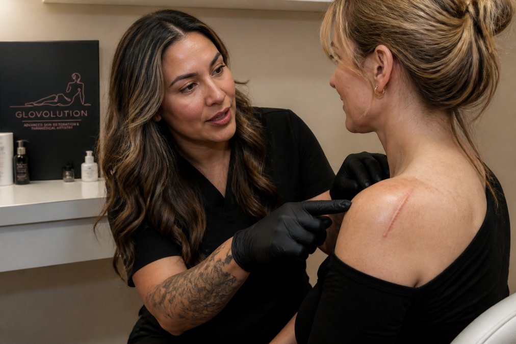 Professional paramedical tattoo artist consulting with a client while examining a surgical scar on the client's shoulder in a clinical treatment room with soft, professional lighting