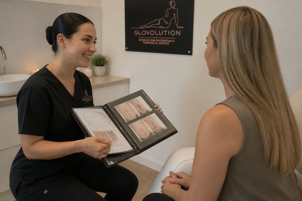 Certified paramedical tattoo artist displaying professional credentials and before-and-after portfolio images of scar camouflage results in a modern clinical treatment room