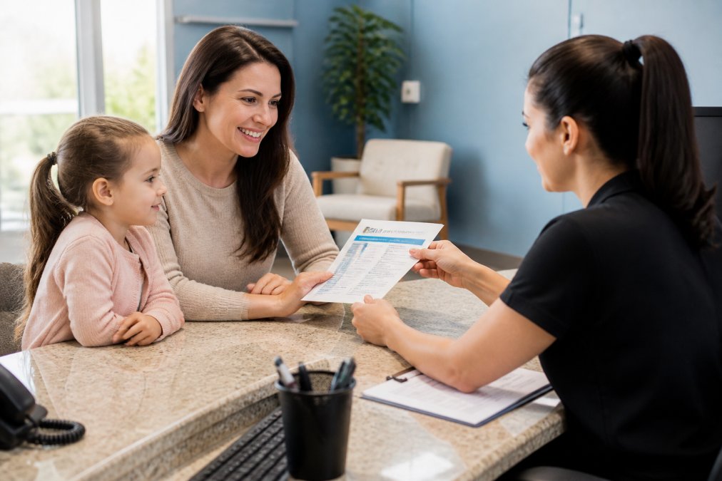 A parent and a dental office receptionist reviewing a printed membership plan brochure at a front desk, with a young child sitting nearby in a bright, welcoming waiting area A parent and a dental office receptionist reviewing a printed membership plan brochure at a front desk, with a young child sitting nearby in a bright, welcoming waiting area